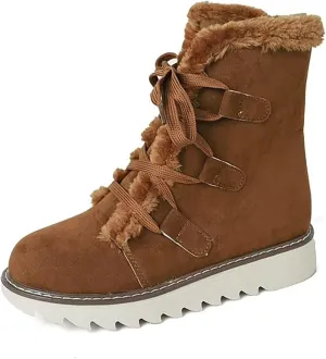 Booties for Women Winter Ankle Booties Warm Fuzzy Boots Lace up Leather Snow Boots Round Toe Booties with Zipper