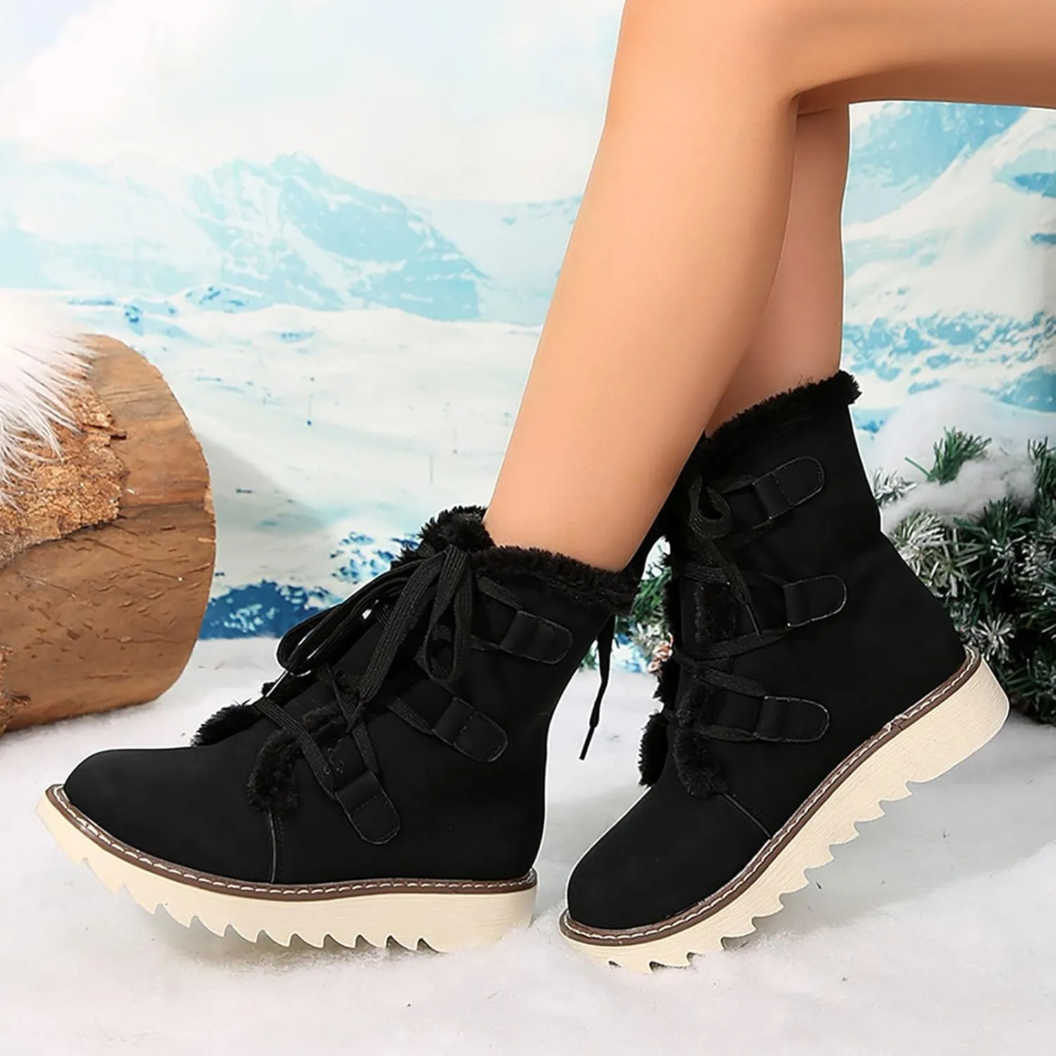 Booties for Women Winter Ankle Booties Warm Fuzzy Boots Lace up Leather Snow Boots Round Toe Booties with Zipper