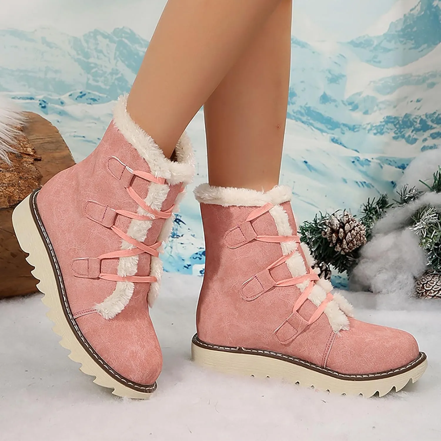 Booties for Women Winter Ankle Booties Warm Fuzzy Boots Lace up Leather Snow Boots Round Toe Booties with Zipper