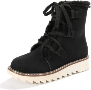Booties for Women Winter Ankle Booties Warm Fuzzy Boots Lace up Leather Snow Boots Round Toe Booties with Zipper
