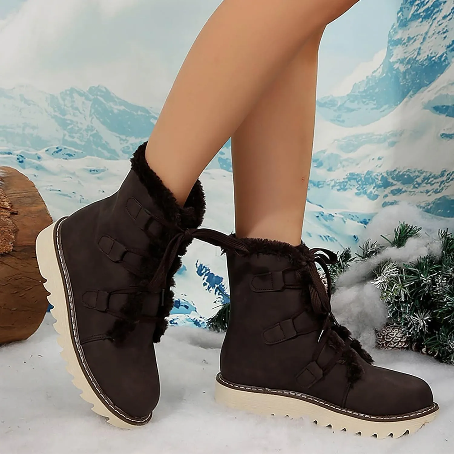 Booties for Women Winter Ankle Booties Warm Fuzzy Boots Lace up Leather Snow Boots Round Toe Booties with Zipper