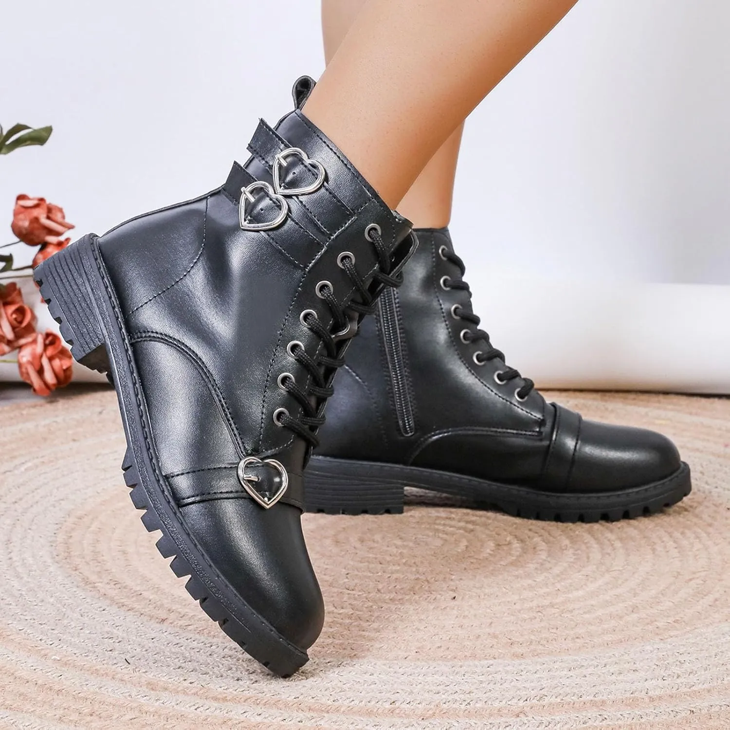 Boots for Women Ankle Booties Low Heel Leather Lace Up Short Boots Waterproof Slip on Comfortable Fall Winter Boots Black Zipper Retro Ladies Booties Women Shoes