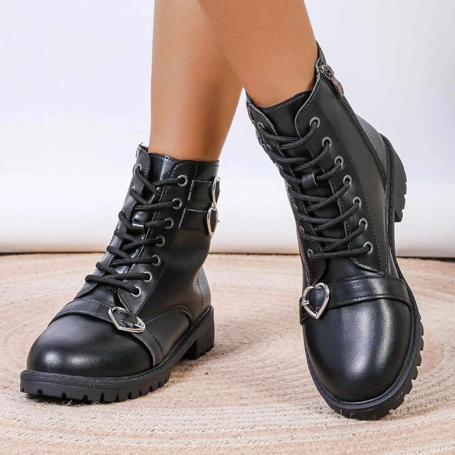 Boots for Women Ankle Booties Low Heel Leather Lace Up Short Boots Waterproof Slip on Comfortable Fall Winter Boots Black Zipper Retro Ladies Booties Women Shoes