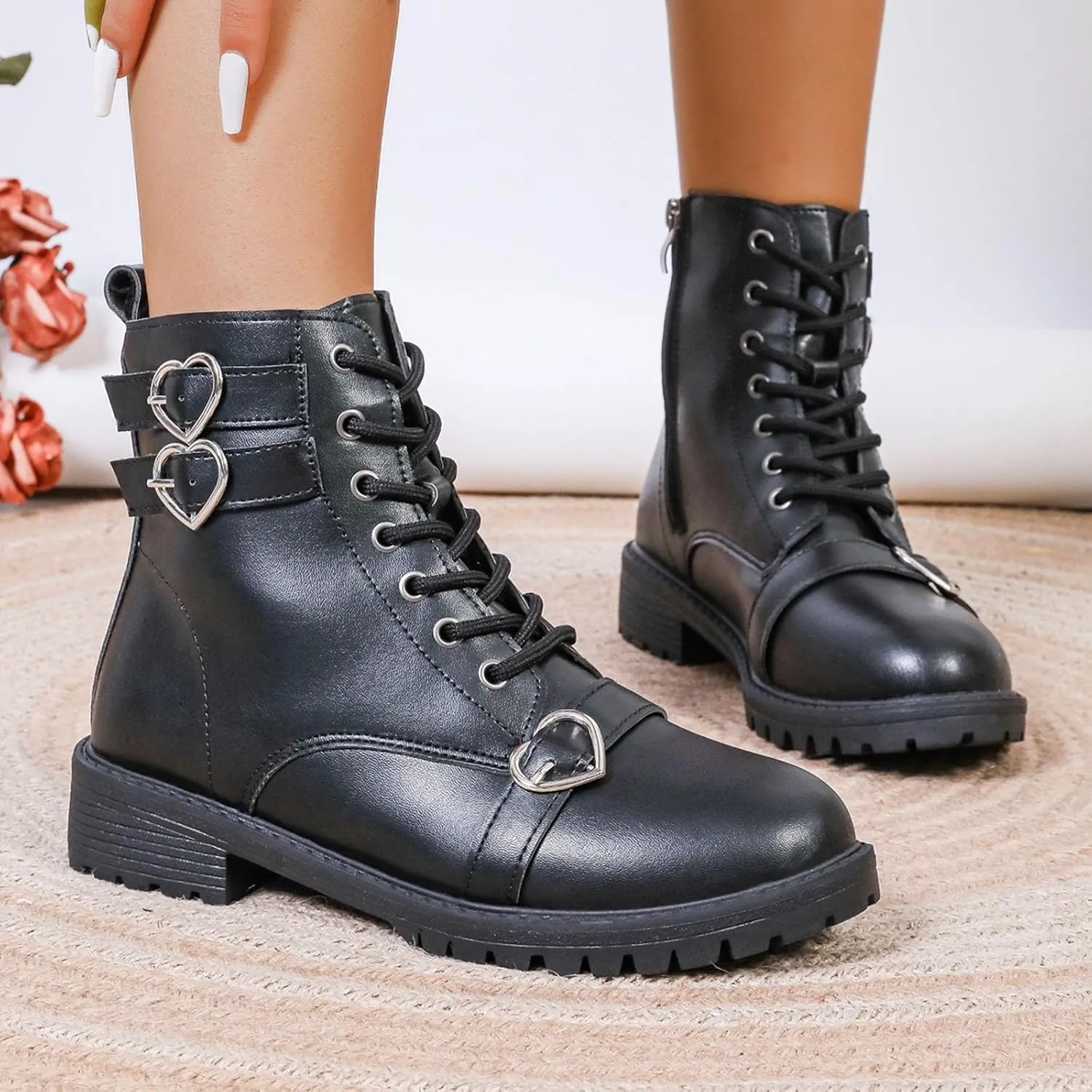 Boots for Women Ankle Booties Low Heel Leather Lace Up Short Boots Waterproof Slip on Comfortable Fall Winter Boots Black Zipper Retro Ladies Booties Women Shoes