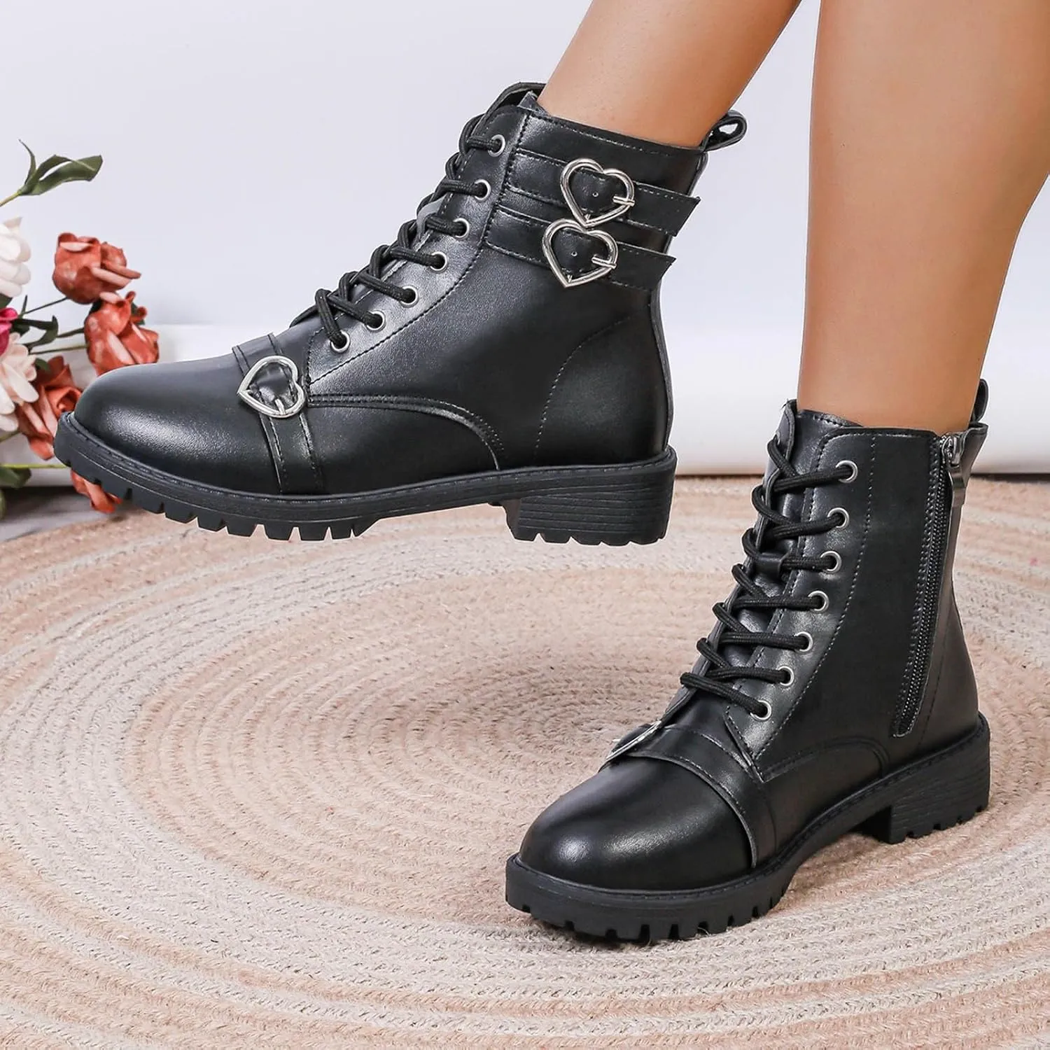 Boots for Women Ankle Booties Low Heel Leather Lace Up Short Boots Waterproof Slip on Comfortable Fall Winter Boots Black Zipper Retro Ladies Booties Women Shoes