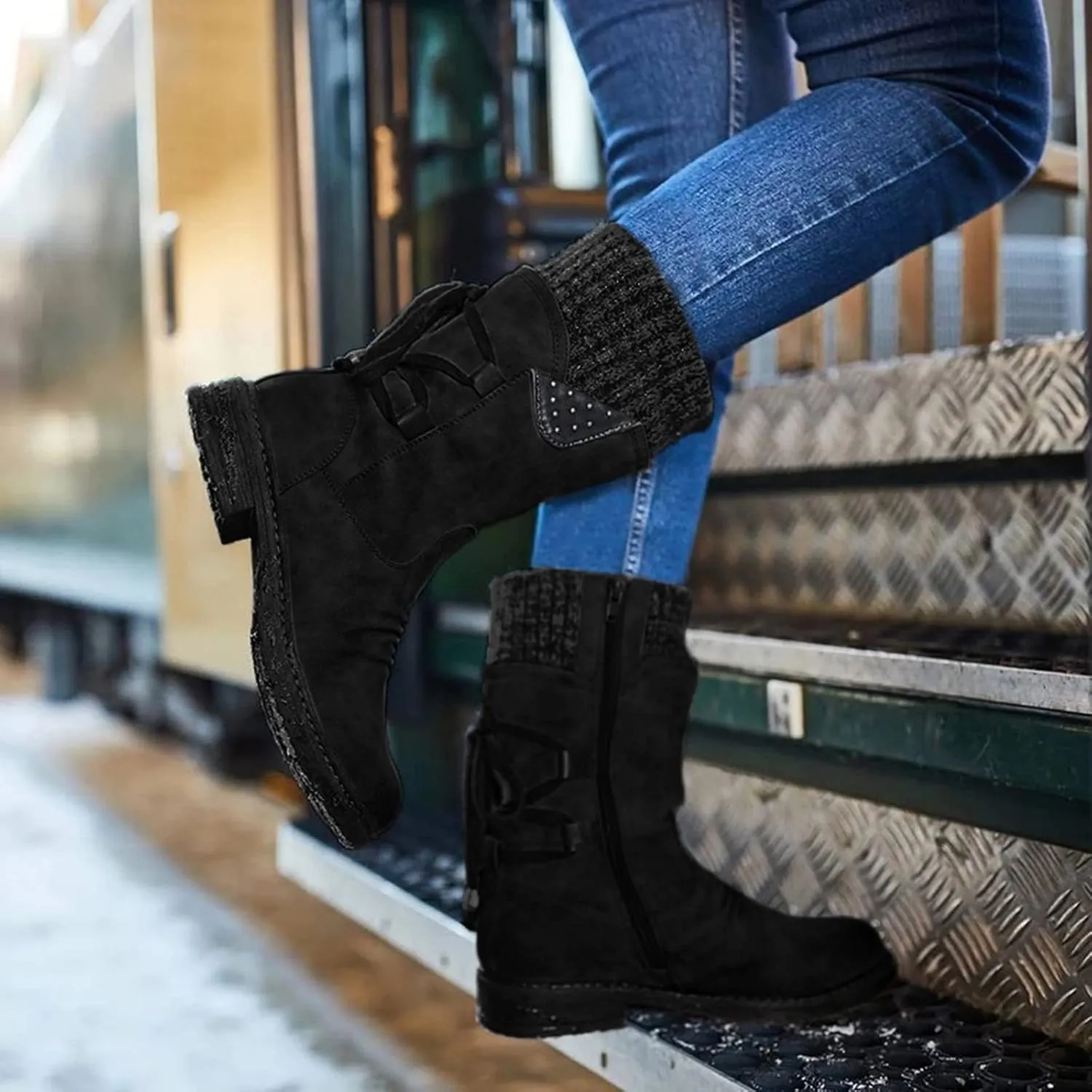 Boots for Women Side Zipper Chunky Heel Mid Calf Snow Boots Lug Sole Warm Insulated Comfortable Winter Women Boots