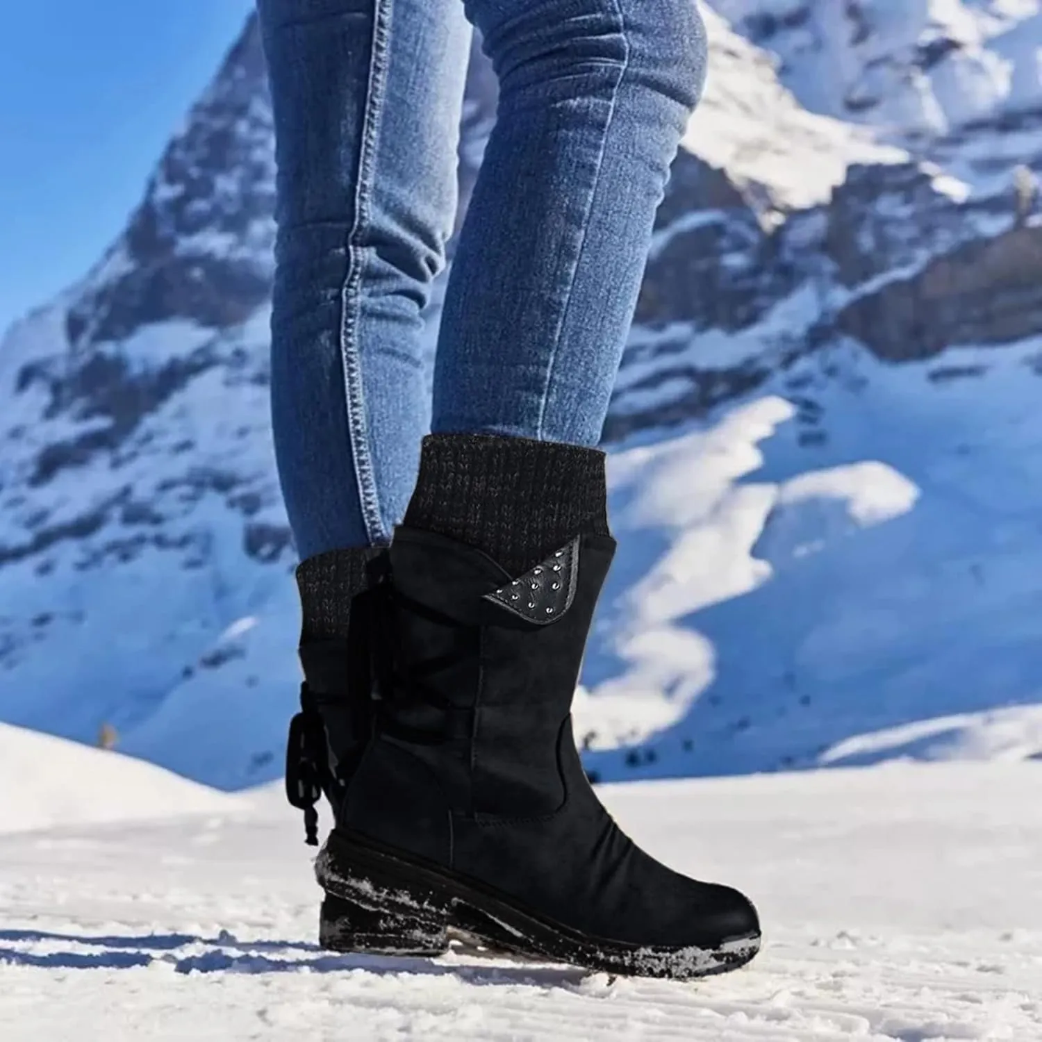 Boots for Women Side Zipper Chunky Heel Mid Calf Snow Boots Lug Sole Warm Insulated Comfortable Winter Women Boots