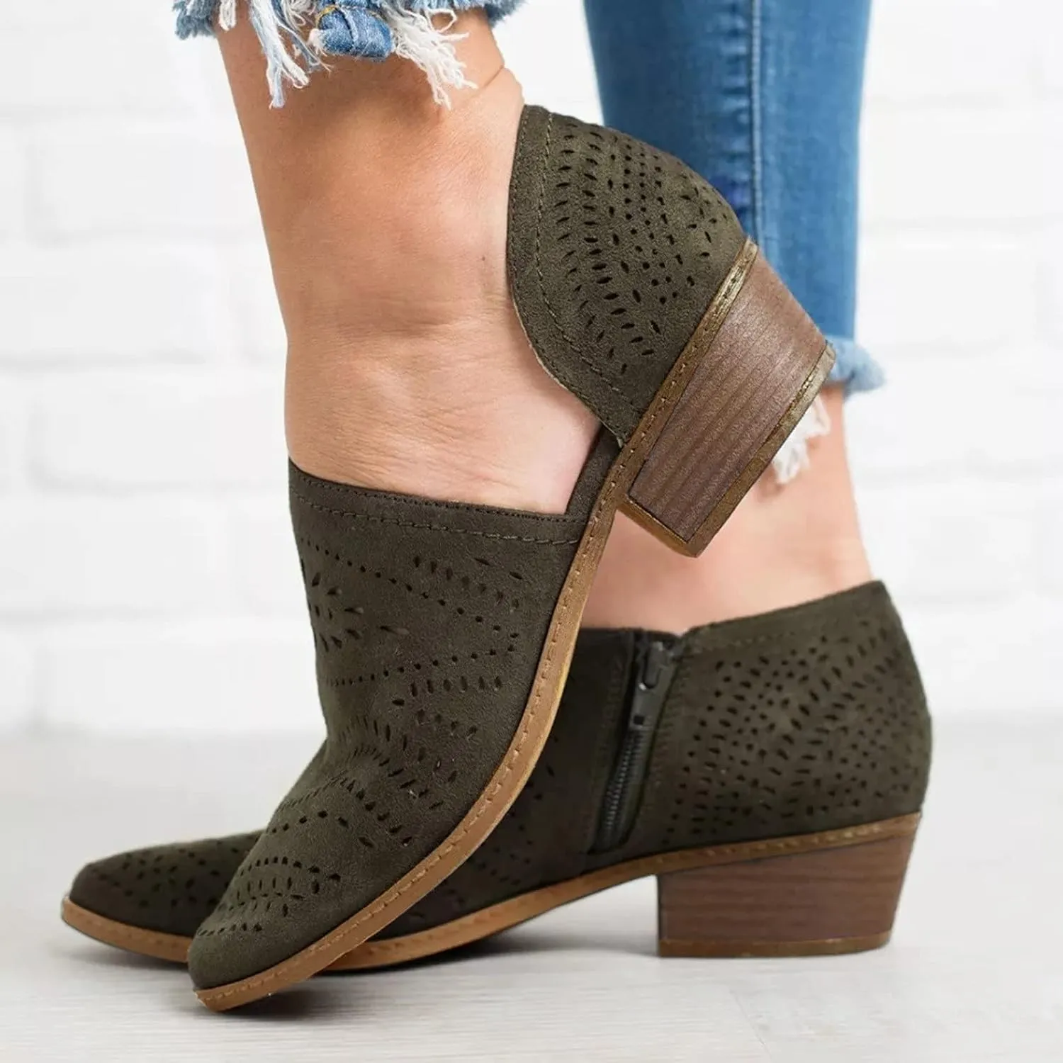 Cathalem Ankle Boots for Women, Casual Slip On Loafers Pointed Toe Chunky Block Low Heel Shoes Cut out Comfy Casual Booties