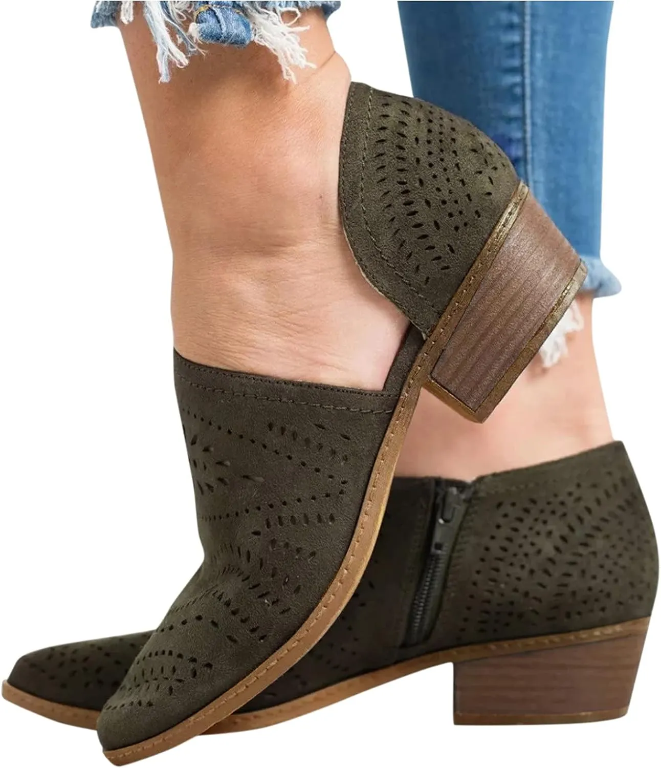Cathalem Ankle Boots for Women, Casual Slip On Loafers Pointed Toe Chunky Block Low Heel Shoes Cut out Comfy Casual Booties
