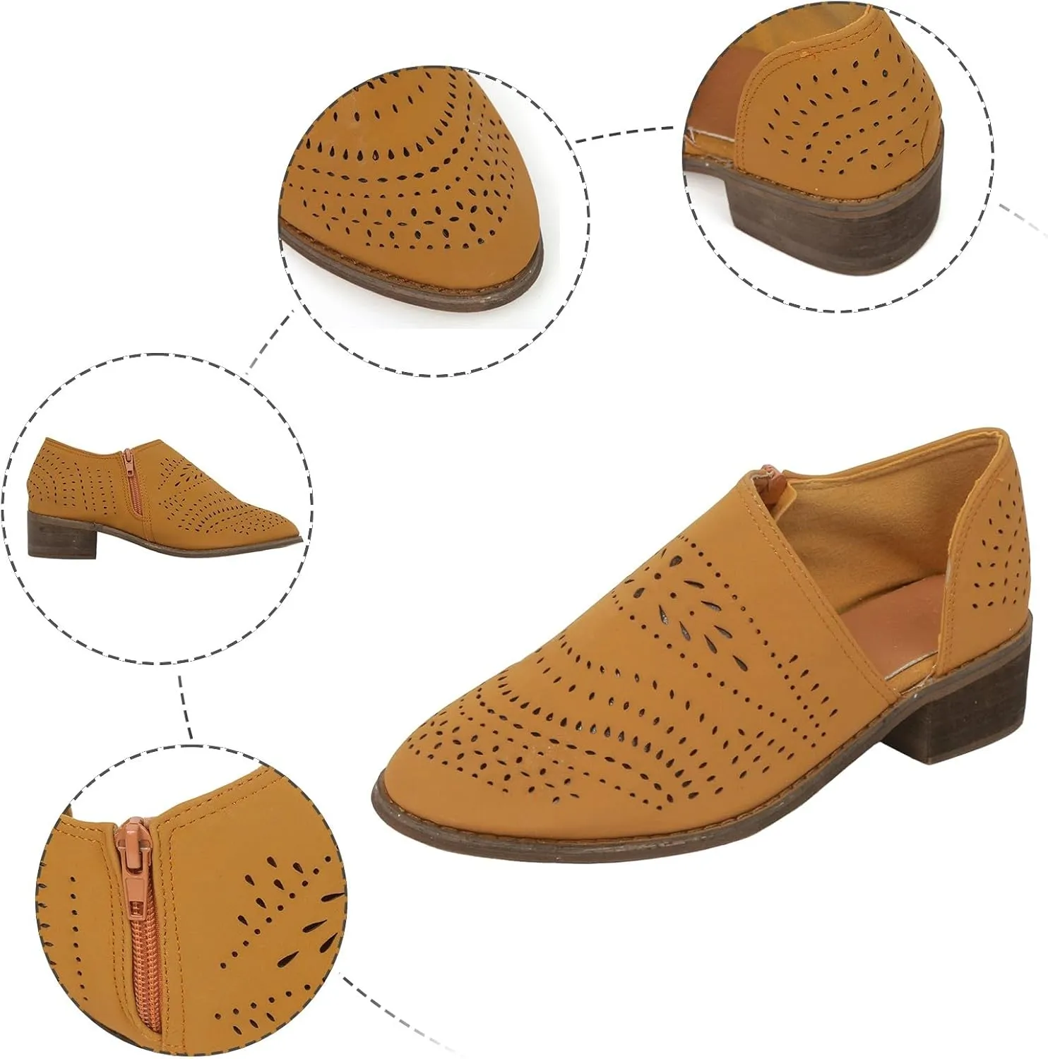 Cathalem Ankle Boots for Women Cut Out Slip On Low Heel Short Chunky Stacked Heel Perforated Side V Cut Western Booties