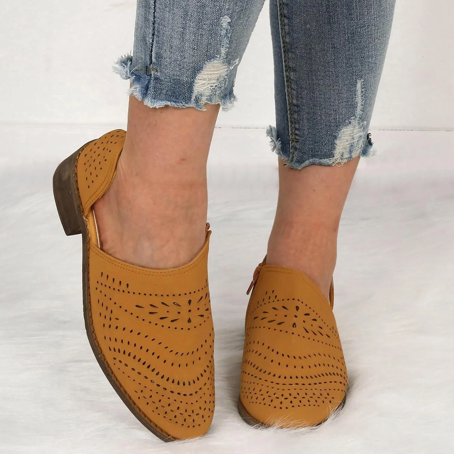 Cathalem Ankle Boots for Women Cut Out Slip On Low Heel Short Chunky Stacked Heel Perforated Side V Cut Western Booties