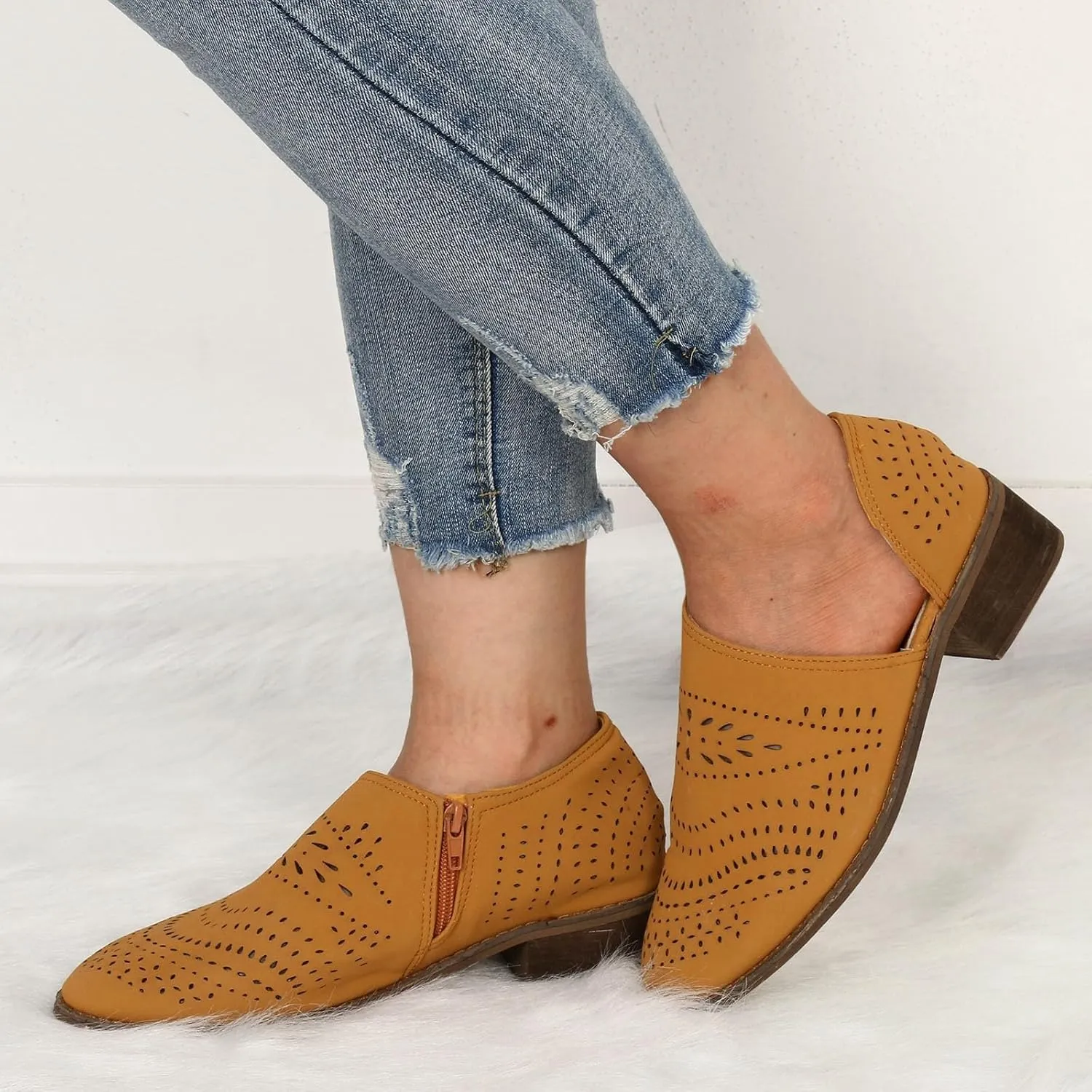 Cathalem Ankle Boots for Women Cut Out Slip On Low Heel Short Chunky Stacked Heel Perforated Side V Cut Western Booties