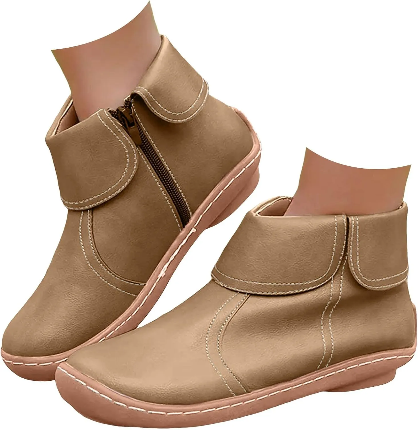 Cathalem Ankle Boots for Women No Heel,2024 New Arch Support Booties Zip-up Vintage Leather Damping Shoes Flat Heel Booties