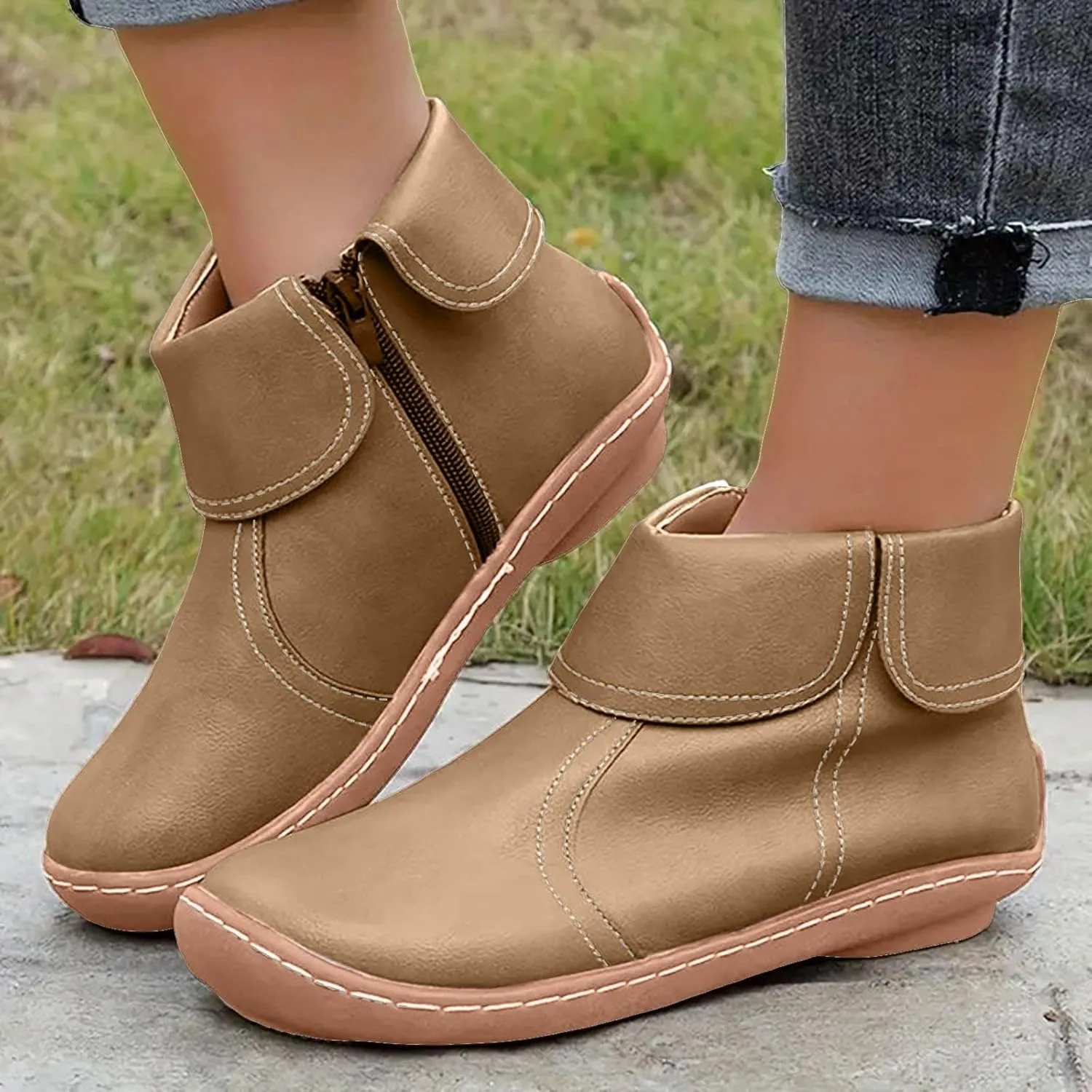 Cathalem Ankle Boots for Women No Heel,2024 New Arch Support Booties Zip-up Vintage Leather Damping Shoes Flat Heel Booties