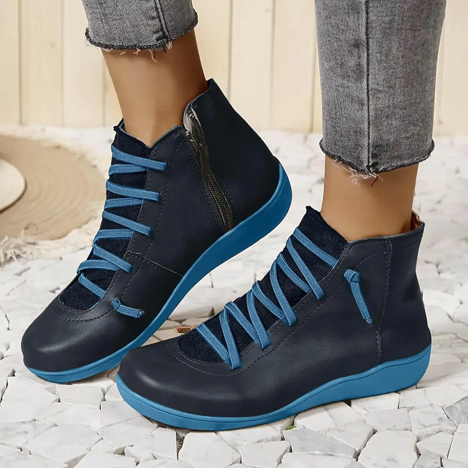 Cathalem Ankle Boots for Women Premium Orthopedic Boots Arch Support Leather Comfortable Side Zip Wedge Booties