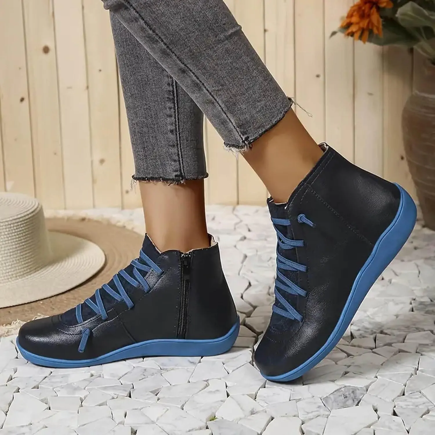 Cathalem Ankle Boots for Women, Women's Ankle Boots Fashion Lace Up Side Zip Vintage Booties Flat Heel Arch Support Boots