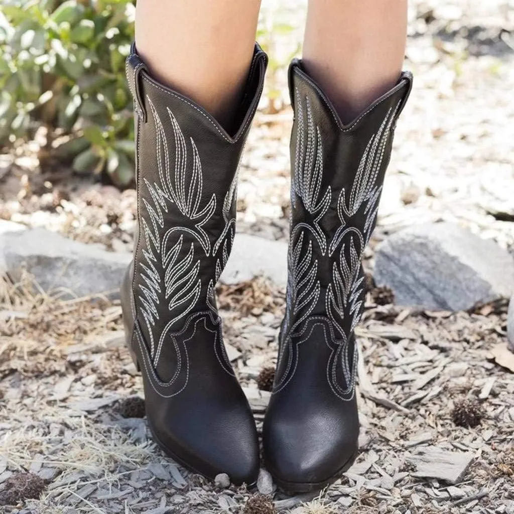 Cathalem Cowboy Boots for Women Wide Calf Knee High Embroidered Western Cowgirl Boots Pointed Toe Chunky Heel Retro Boots
