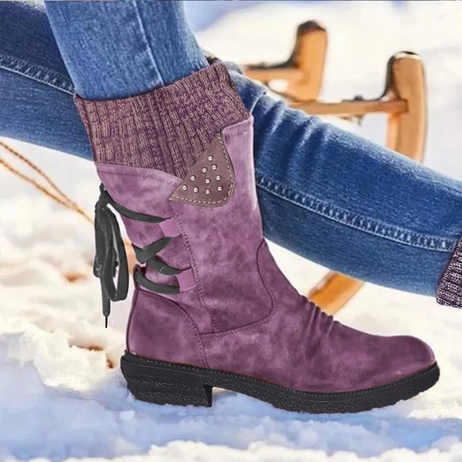 Cathalem Women's Snow Winter Boots Mid Calf Warm Faux Fur Lined Lace Up Anti-slip Outdoor Boots Women's Snow Boots