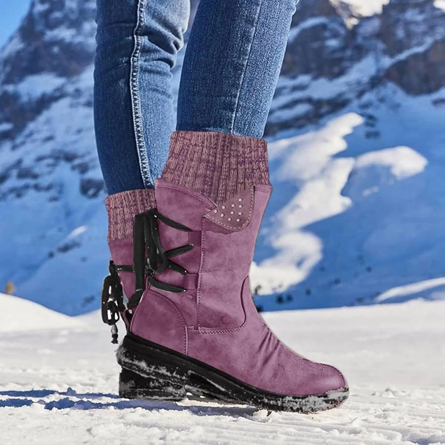 Cathalem Women's Snow Winter Boots Mid Calf Warm Faux Fur Lined Lace Up Anti-slip Outdoor Boots Women's Snow Boots