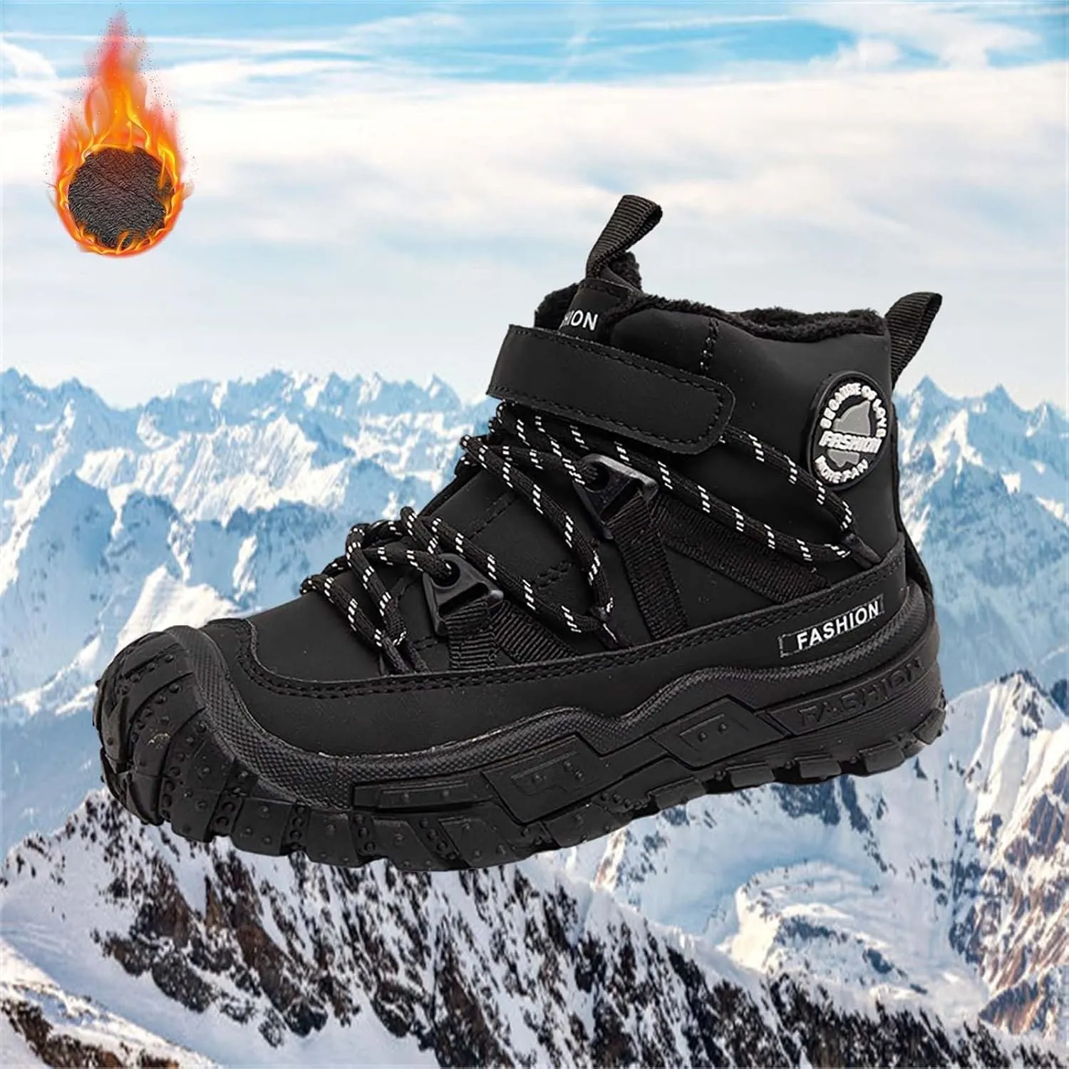 Childrens Fuzzy Snow Booties Open Toe Lace-Up Ankle Shoes Winter Ski Boots Boys Kids Sole Non Slip Outdoor Sport Shoes