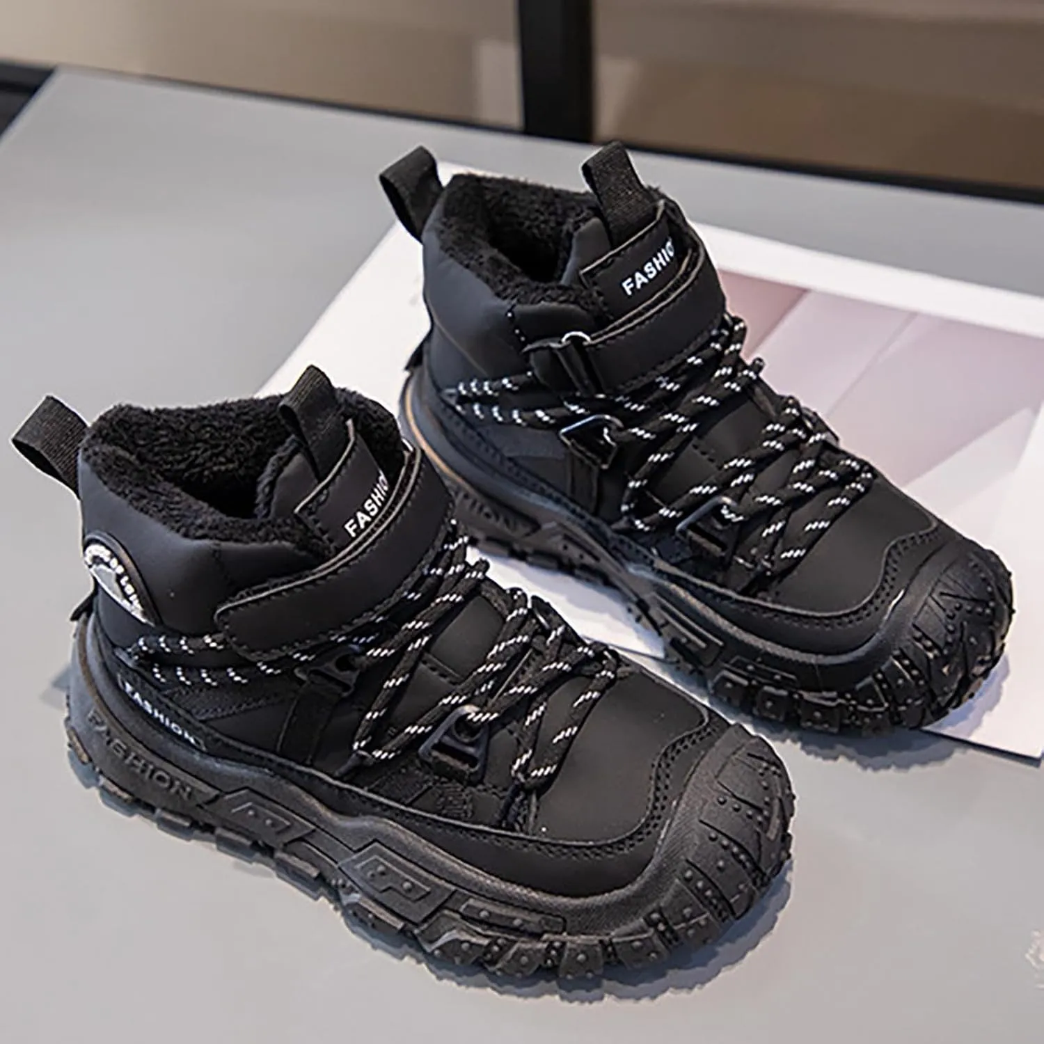 Childrens Fuzzy Snow Booties Open Toe Lace-Up Ankle Shoes Winter Ski Boots Boys Kids Sole Non Slip Outdoor Sport Shoes