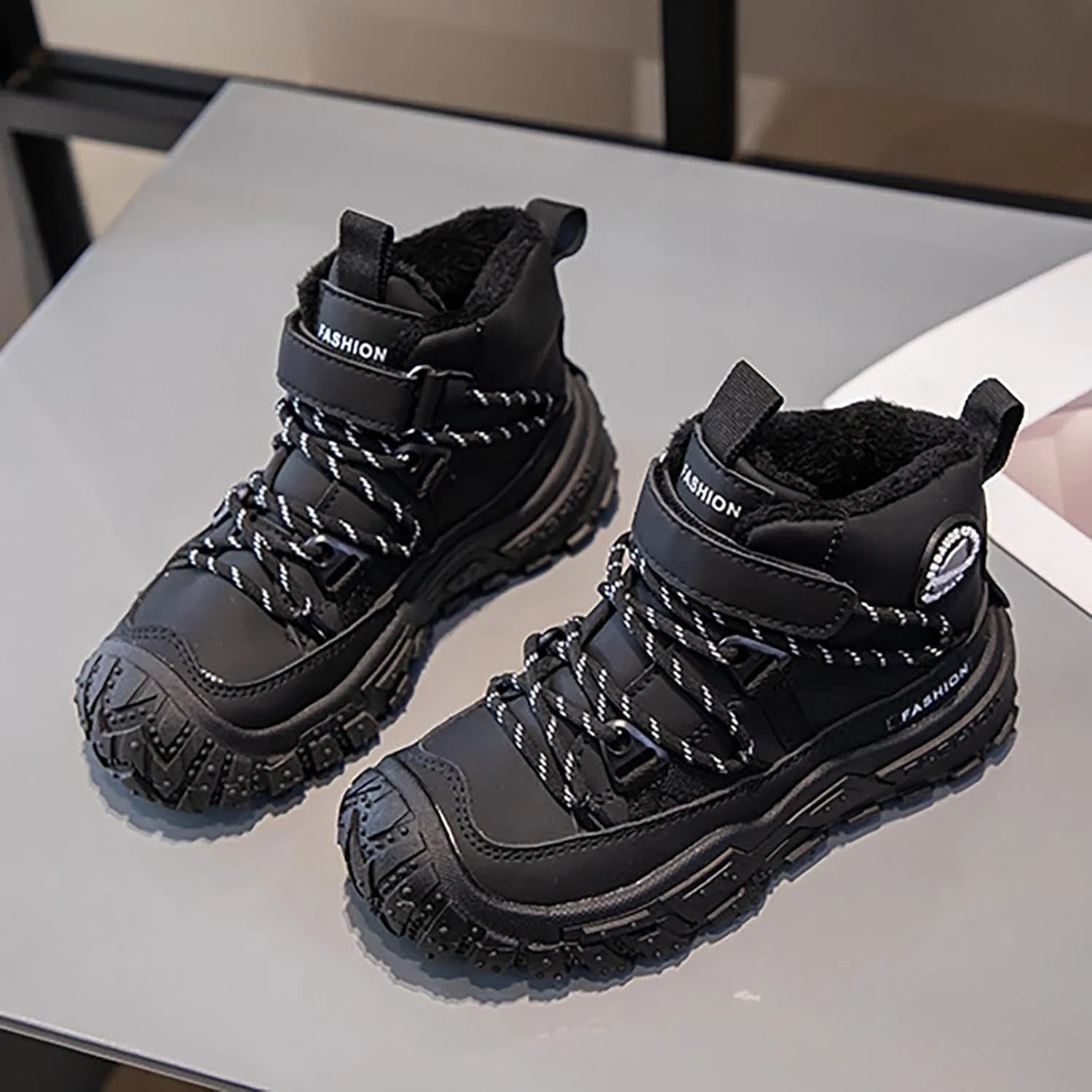 Childrens Fuzzy Snow Booties Open Toe Lace-Up Ankle Shoes Winter Ski Boots Boys Kids Sole Non Slip Outdoor Sport Shoes