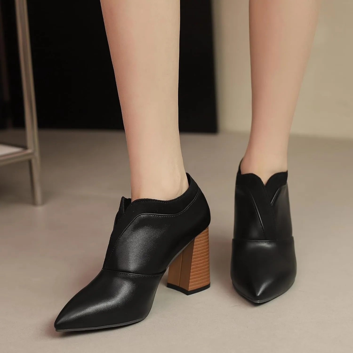 Chunky High Heels Loafers Womens Pointed Toe Court Shoes