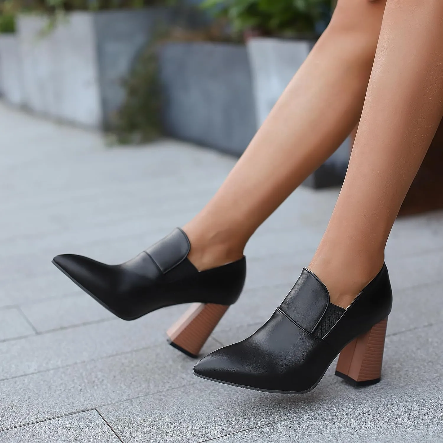 Chunky High Heels Loafers Womens Pointed Toe Court Shoes