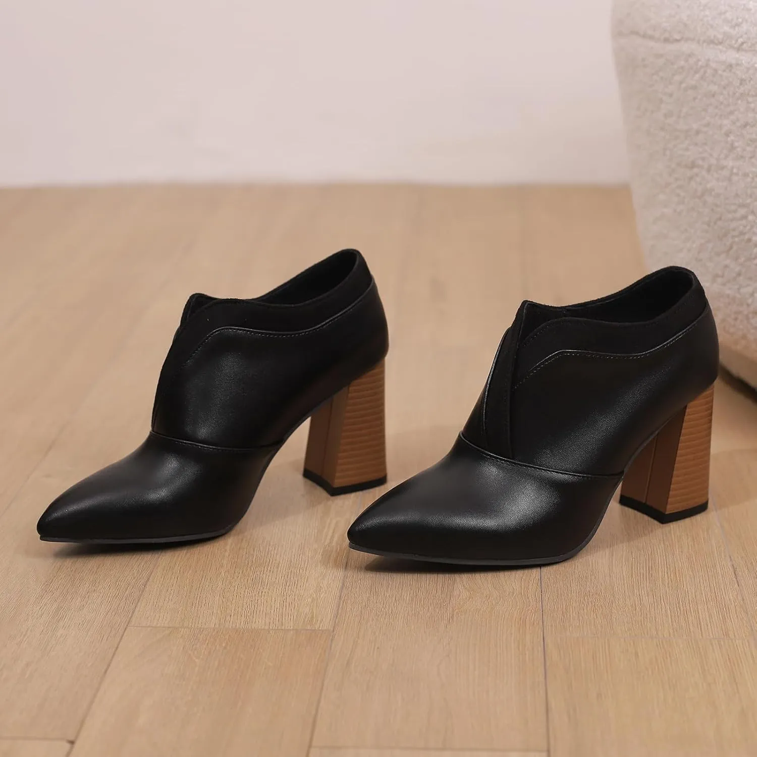 Chunky High Heels Loafers Womens Pointed Toe Court Shoes