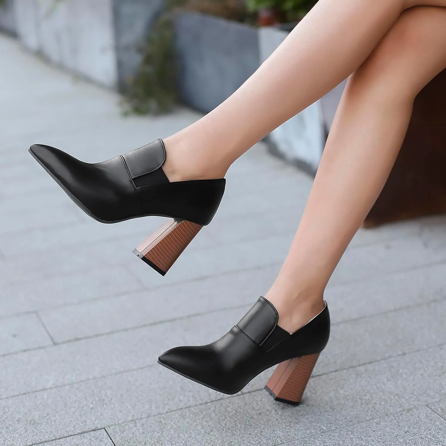 Chunky High Heels Loafers Womens Pointed Toe Court Shoes