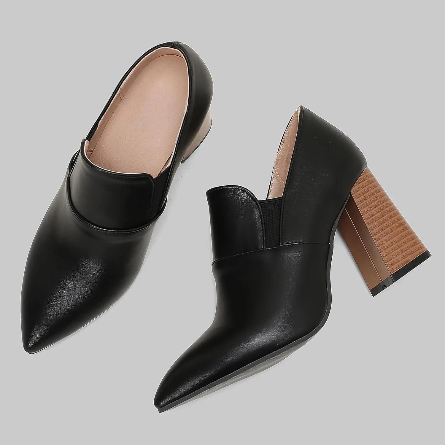 Chunky High Heels Loafers Womens Pointed Toe Court Shoes