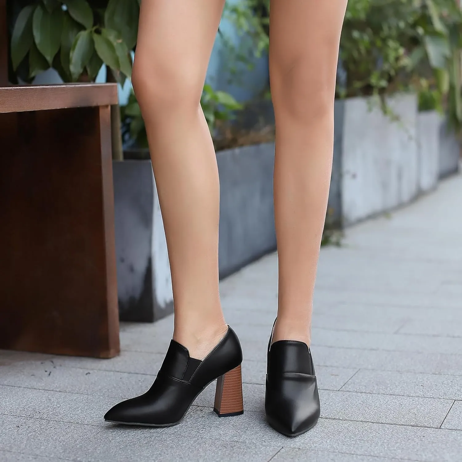 Chunky High Heels Loafers Womens Pointed Toe Court Shoes