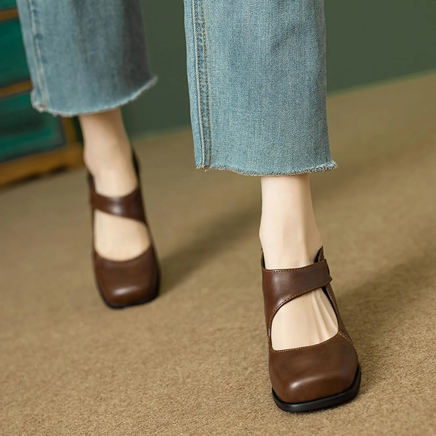 Classic Block Heel Square Toe Women Court Shoes