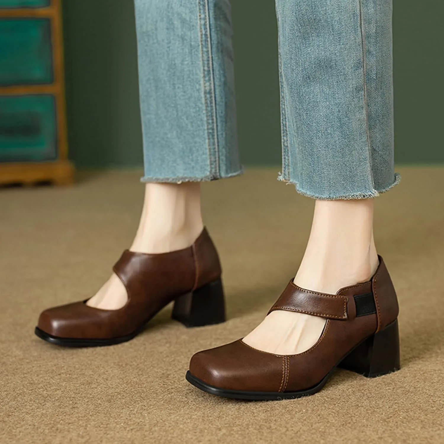 Classic Block Heel Square Toe Women Court Shoes