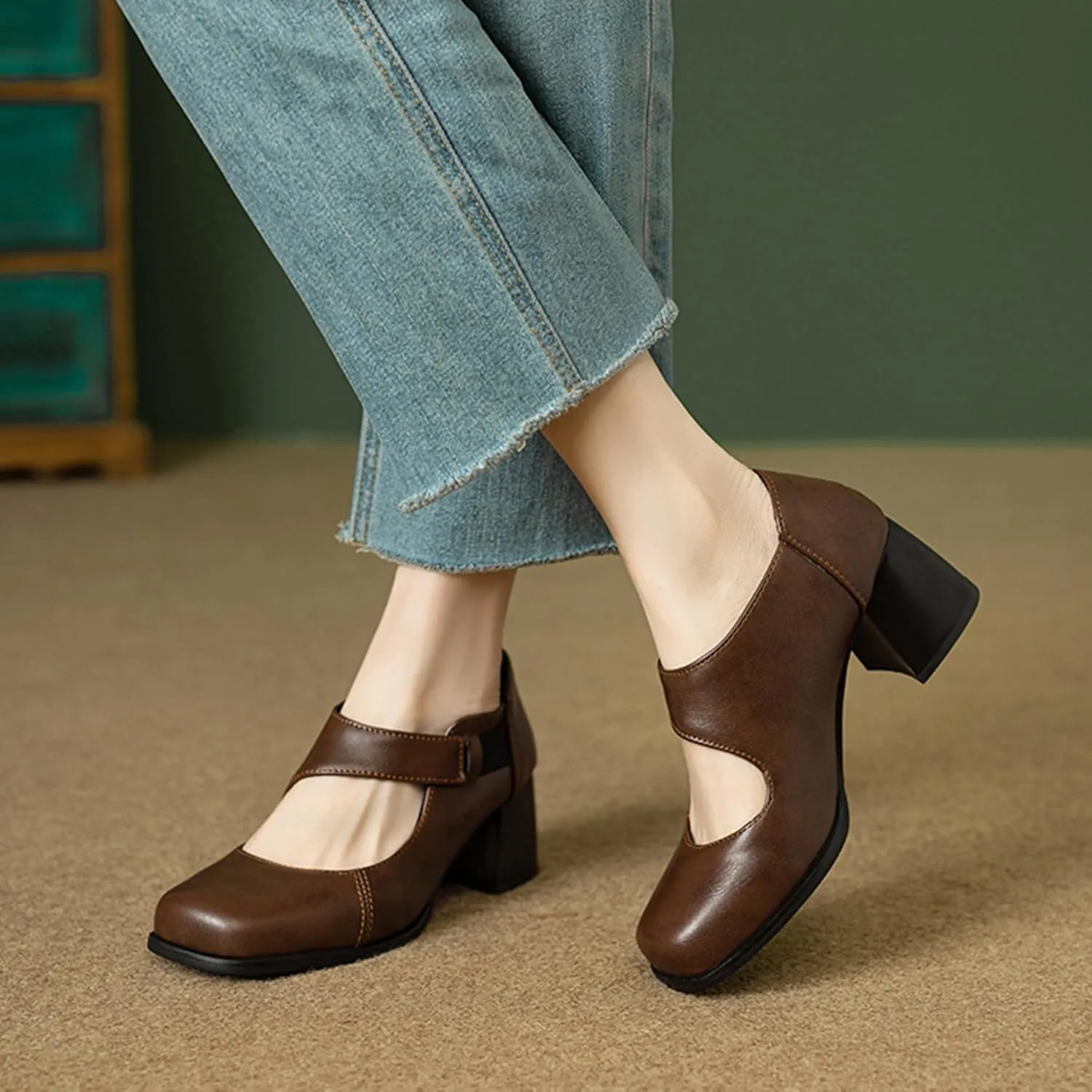 Classic Block Heel Square Toe Women Court Shoes