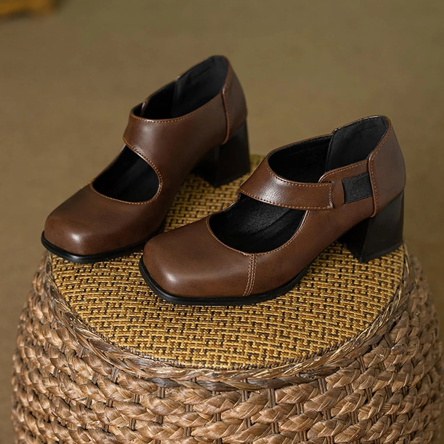 Classic Block Heel Square Toe Women Court Shoes