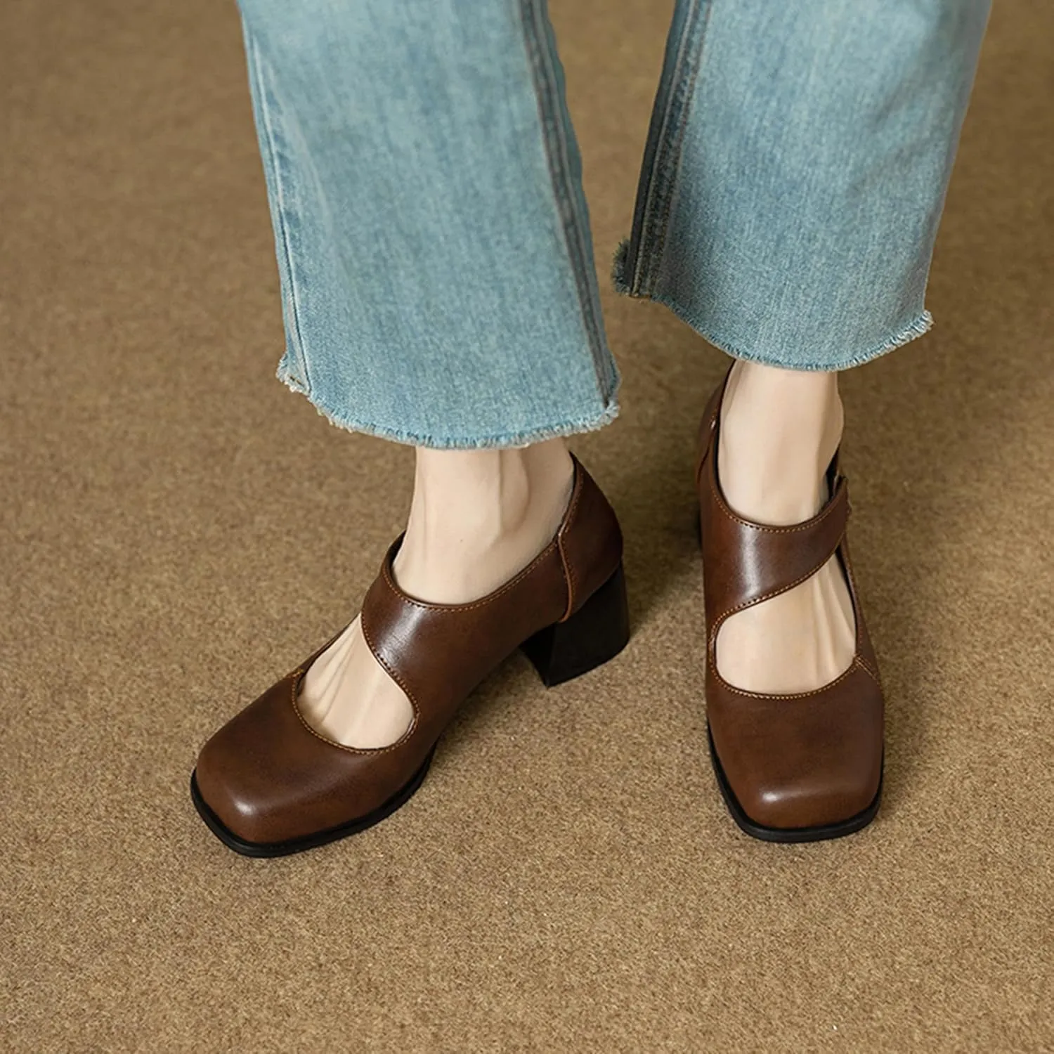 Classic Block Heel Square Toe Women Court Shoes