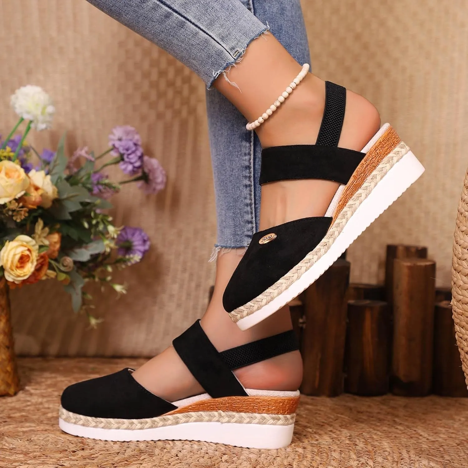 Closed Toe Platform Wedge Sandals for Women 2025,Women's Retro Sandal Canvas Summer Dressy Ankle Elastic Strap Wedges Heels Shoes