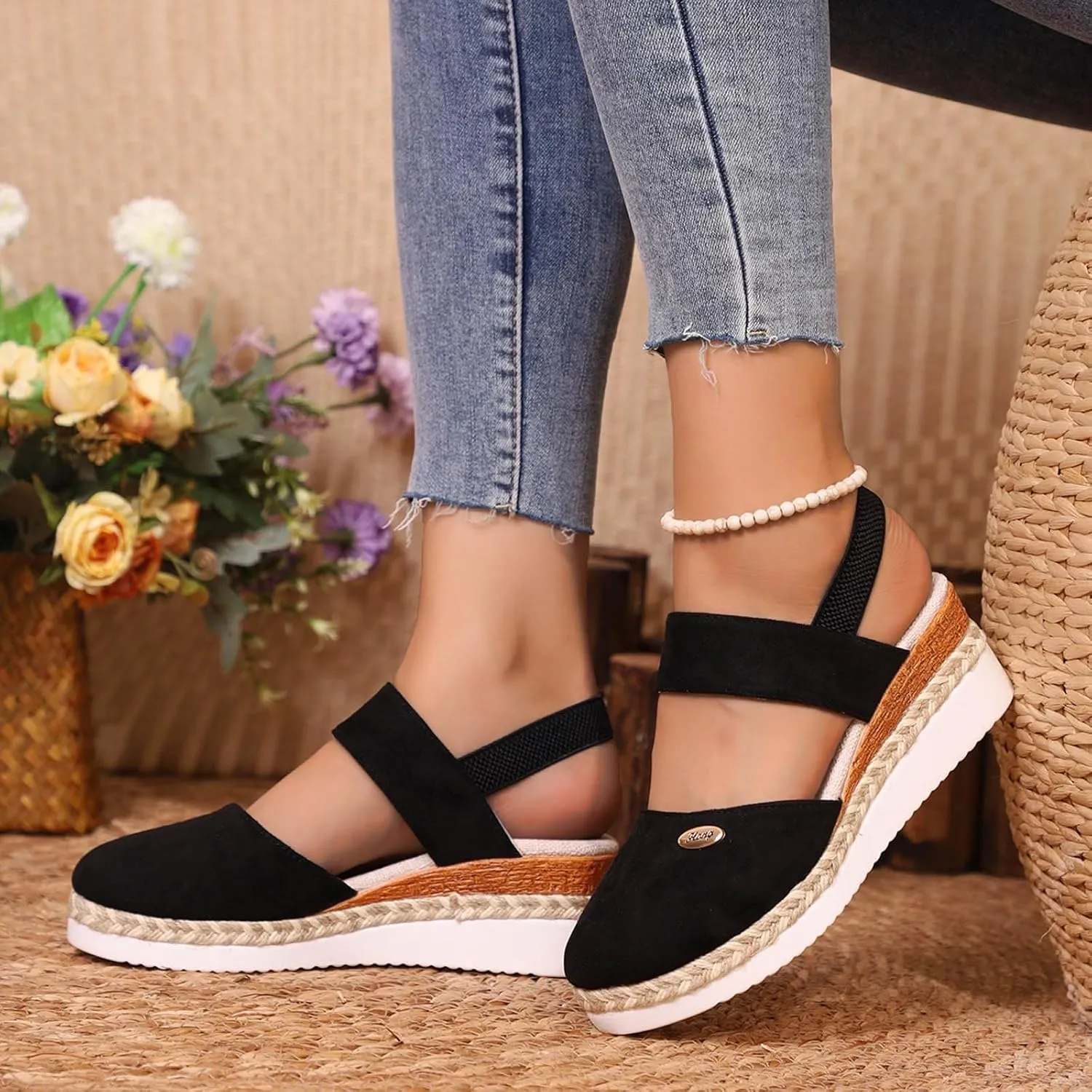 Closed Toe Platform Wedge Sandals for Women 2025,Women's Retro Sandal Canvas Summer Dressy Ankle Elastic Strap Wedges Heels Shoes