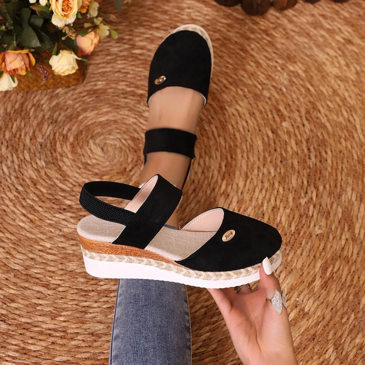 Closed Toe Platform Wedge Sandals for Women 2025,Women's Retro Sandal Canvas Summer Dressy Ankle Elastic Strap Wedges Heels Shoes