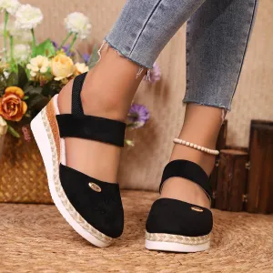 Closed Toe Platform Wedge Sandals for Women 2025,Women's Retro Sandal Canvas Summer Dressy Ankle Elastic Strap Wedges Heels Shoes