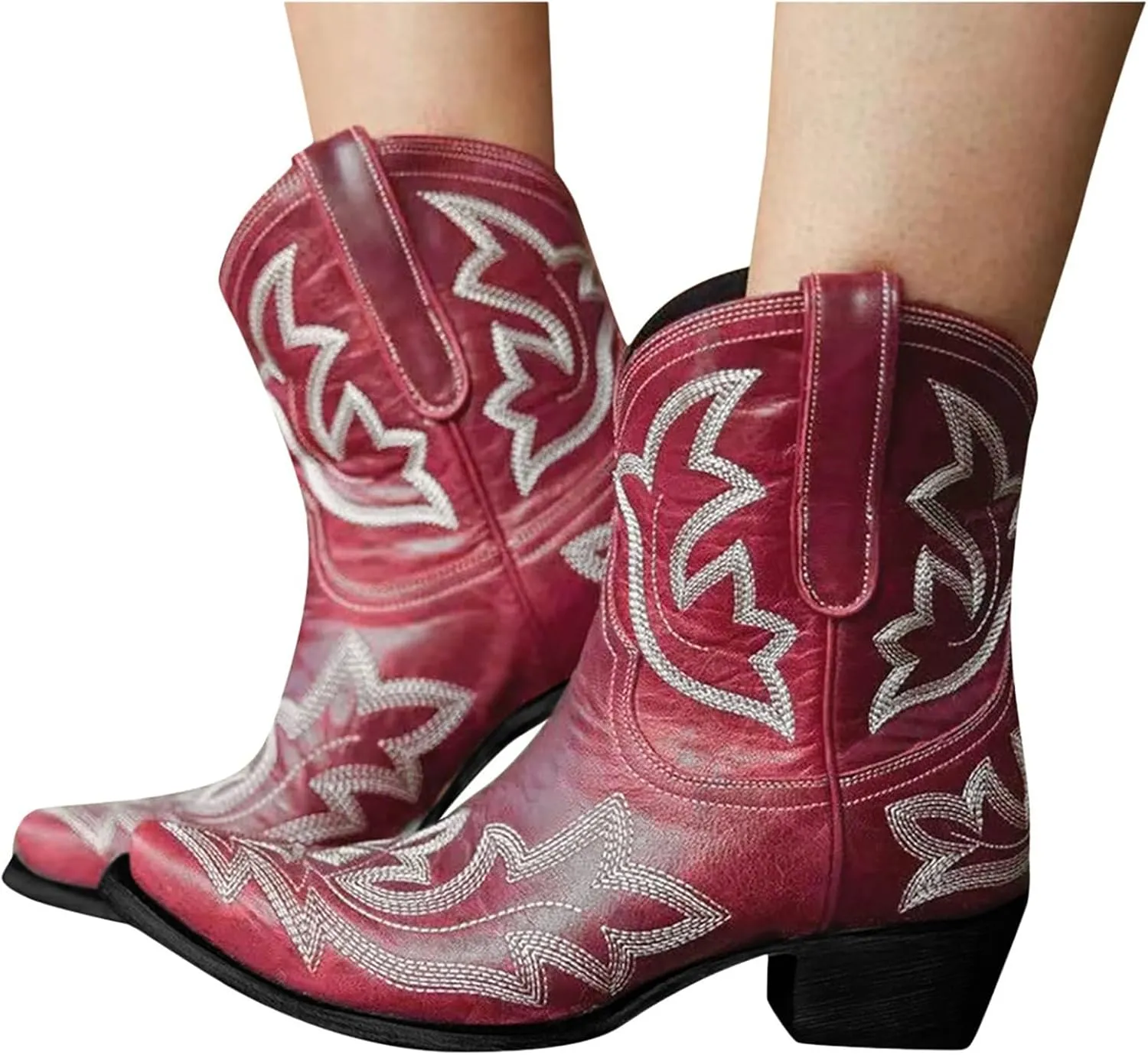 Cowboy Boots for Women Embroided Western Cowgirl Boots Pull on Ankle Boots Pointed Toe Boots Chunky Heel Pull On Short Boots