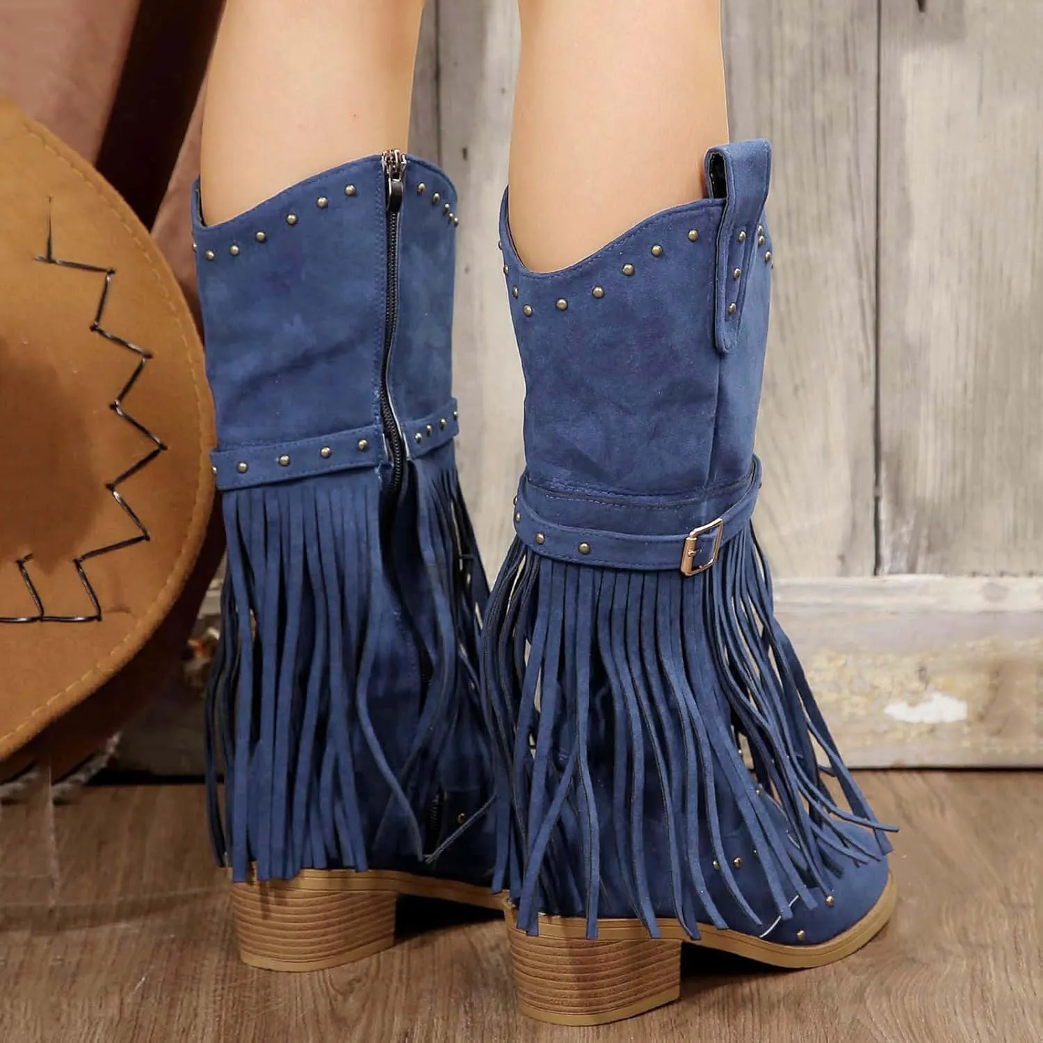 Cowboy Boots for Women Mid Calf Western Boots Fringe Square Toe Tassel Cowgirl Boots Stacked Heel Retro Boots
