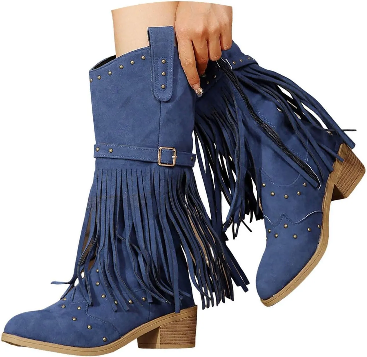 Cowboy Boots for Women Mid Calf Western Boots Fringe Square Toe Tassel Cowgirl Boots Stacked Heel Retro Boots