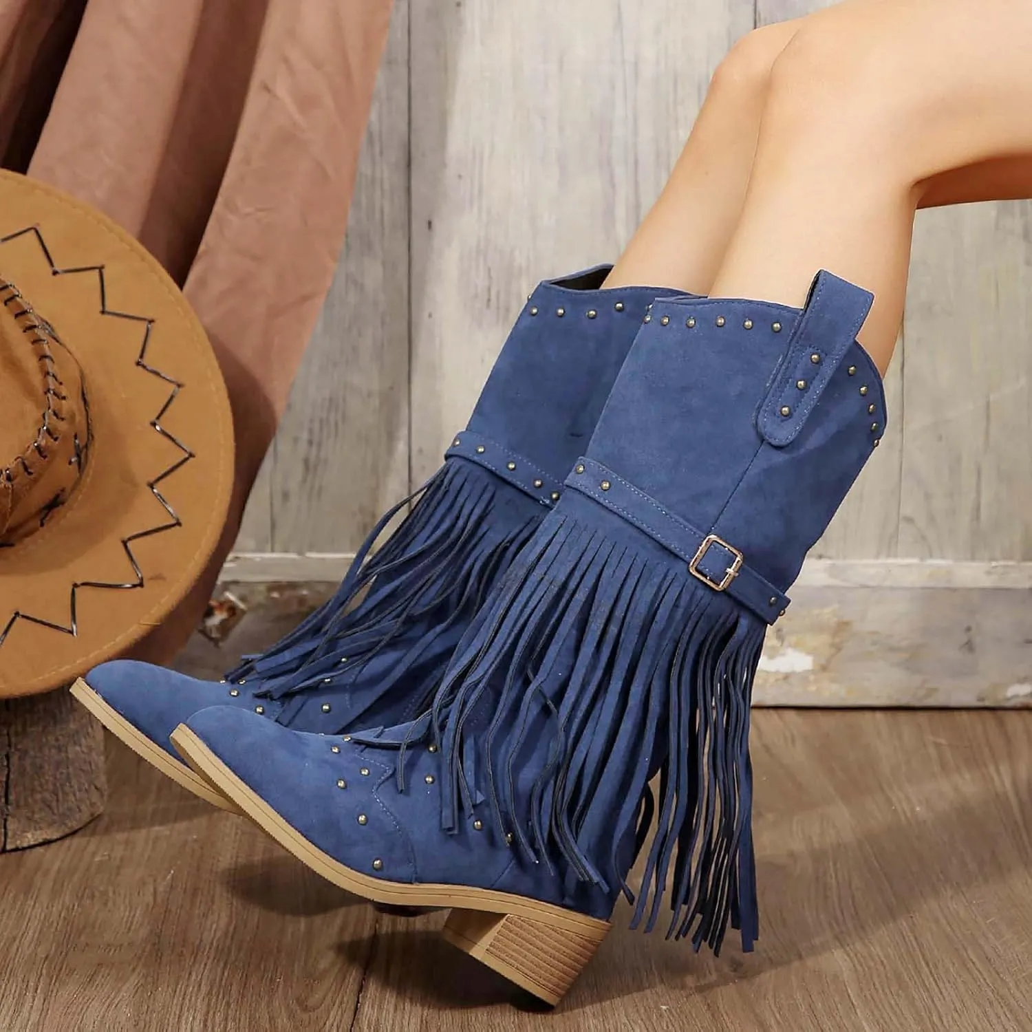 Cowboy Boots for Women Mid Calf Western Boots Fringe Square Toe Tassel Cowgirl Boots Stacked Heel Retro Boots