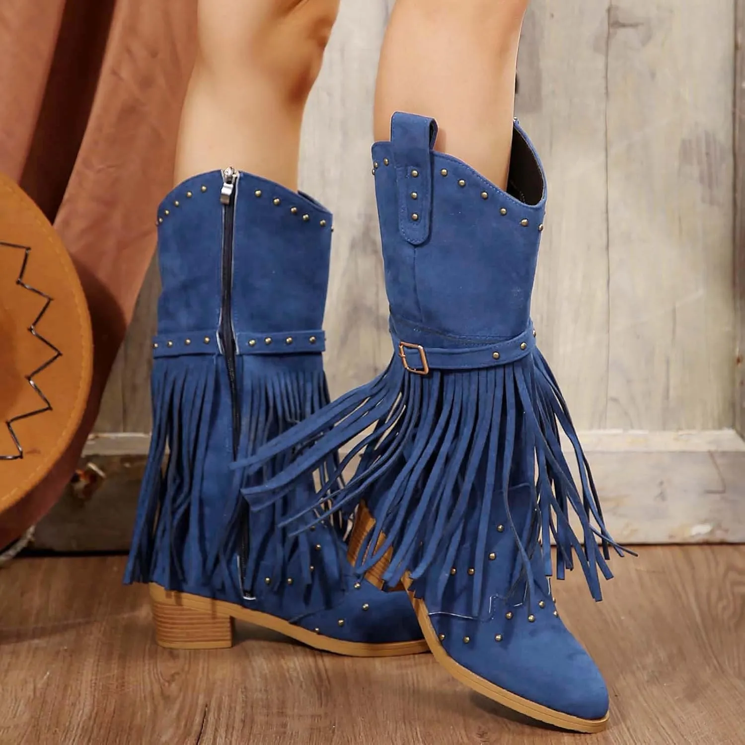 Cowboy Boots for Women Mid Calf Western Boots Fringe Square Toe Tassel Cowgirl Boots Stacked Heel Retro Boots