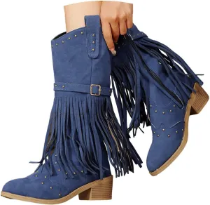Cowboy Boots for Women Mid Calf Western Boots Fringe Square Toe Tassel Cowgirl Boots Stacked Heel Retro Boots