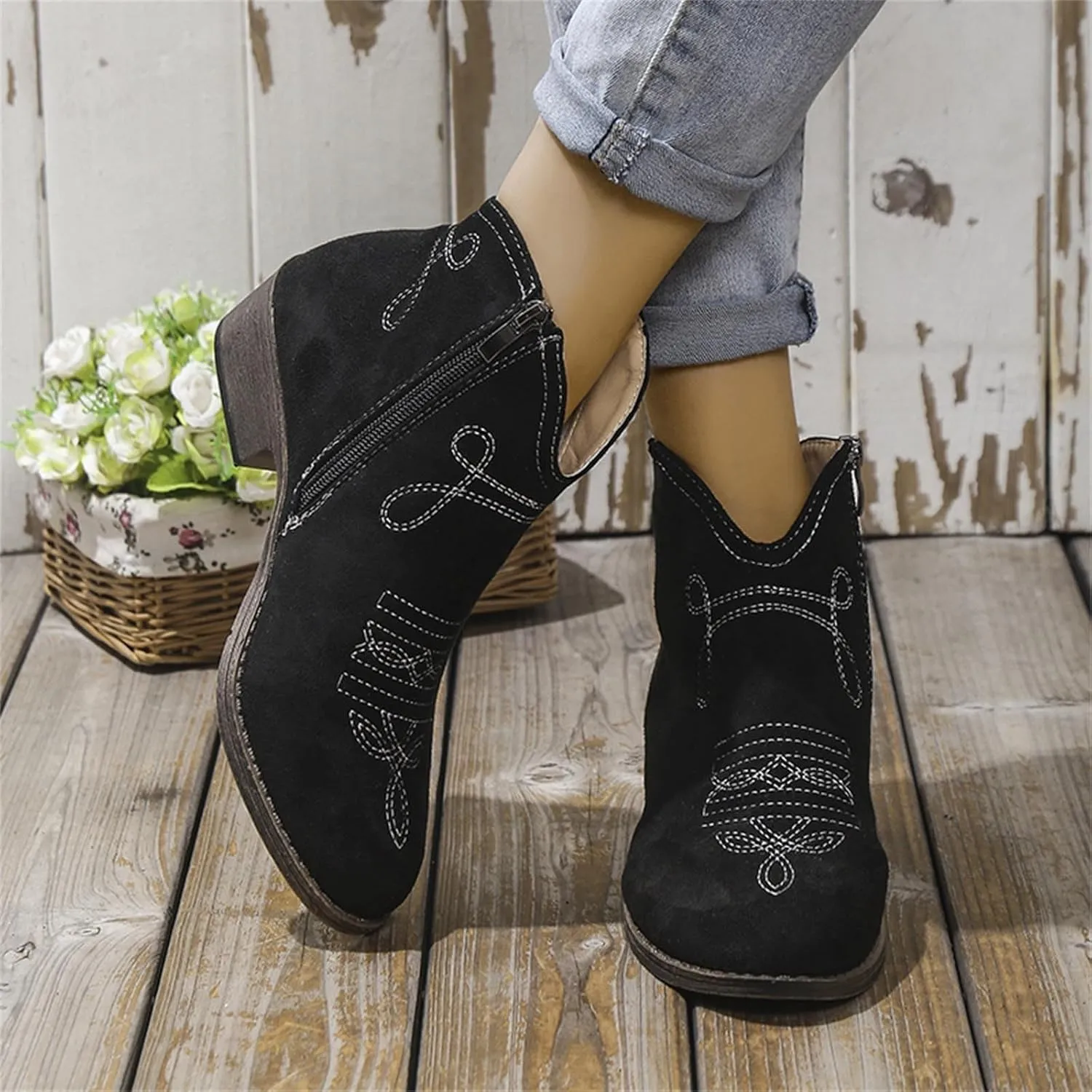 Cowboy Boots for Women, Womens Chunky Low Heel Ankle Boots Classic Pointed Toe Side Zipper Booties Arch Support Shoes
