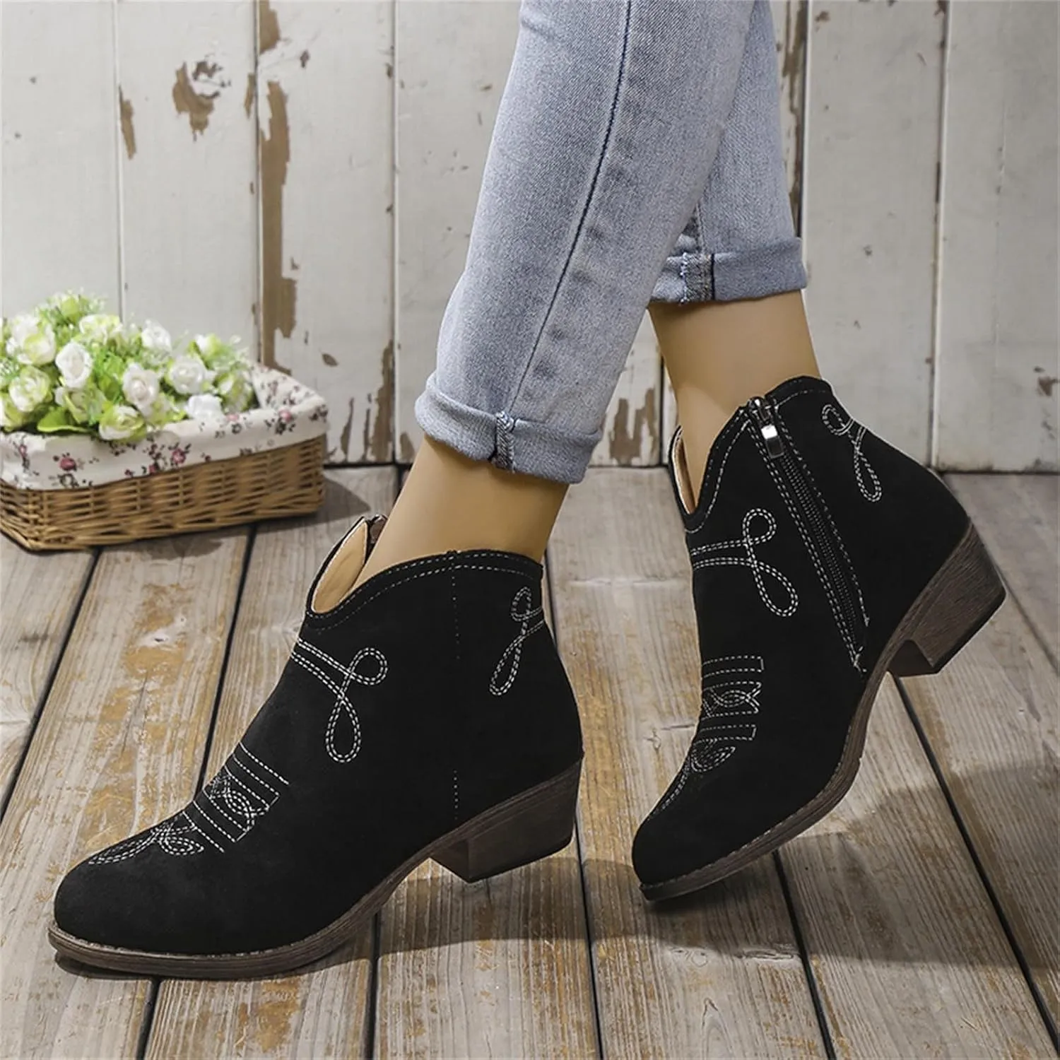 Cowboy Boots for Women, Womens Chunky Low Heel Ankle Boots Classic Pointed Toe Side Zipper Booties Arch Support Shoes