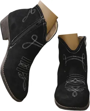 Cowboy Boots for Women, Womens Chunky Low Heel Ankle Boots Classic Pointed Toe Side Zipper Booties Arch Support Shoes